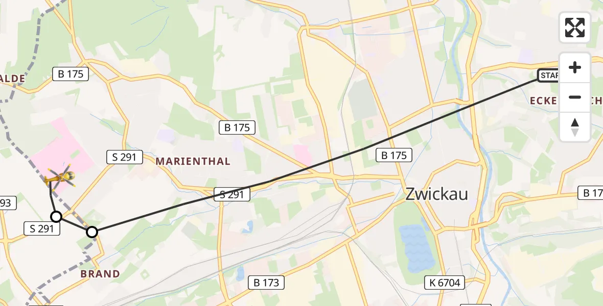 Flugroute Rettungshubschrauber Zwickau - ADAC Air Rescue Station Zwickau Hubschrauberlandeplatz, 24 März 2026, 14:40