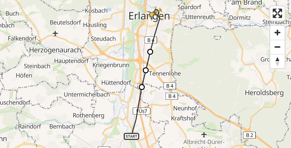 Routekaart van de vlucht: Rettungshubschrauber nach Erlangen University Hospital Rooftop