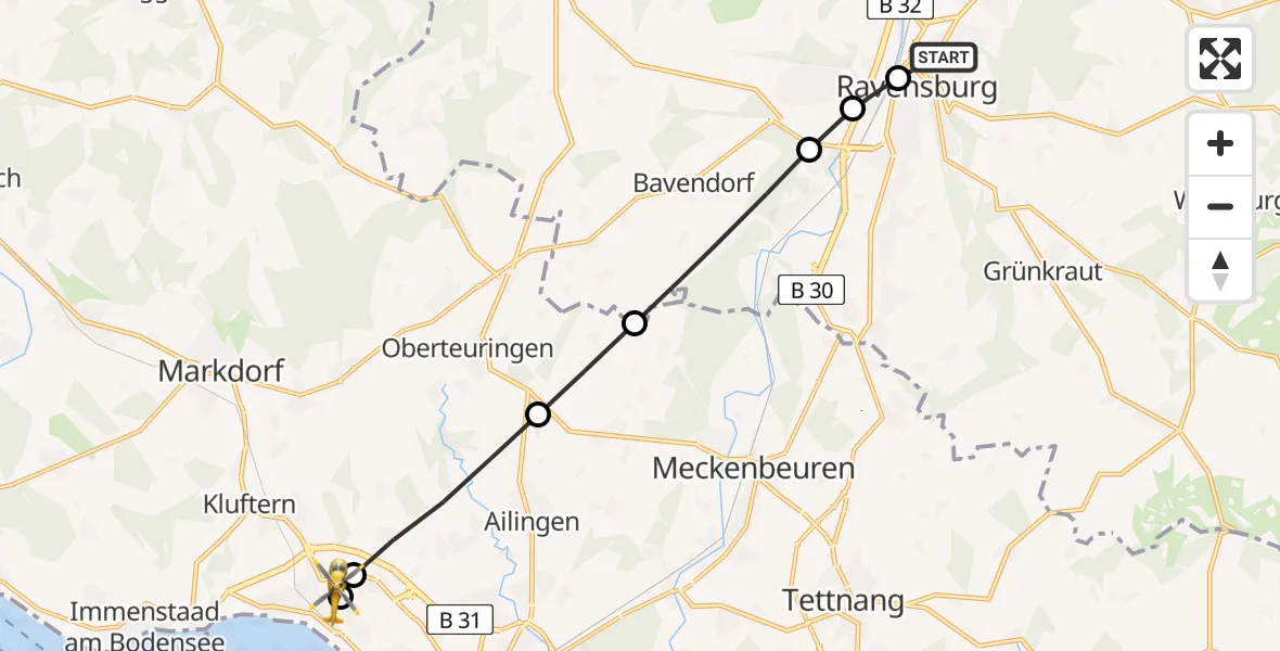 Flugroute Rettungshubschrauber Sankt Elisabeth Hospital - Friedrichshafen Hospital, 24 März 2026, 14:46