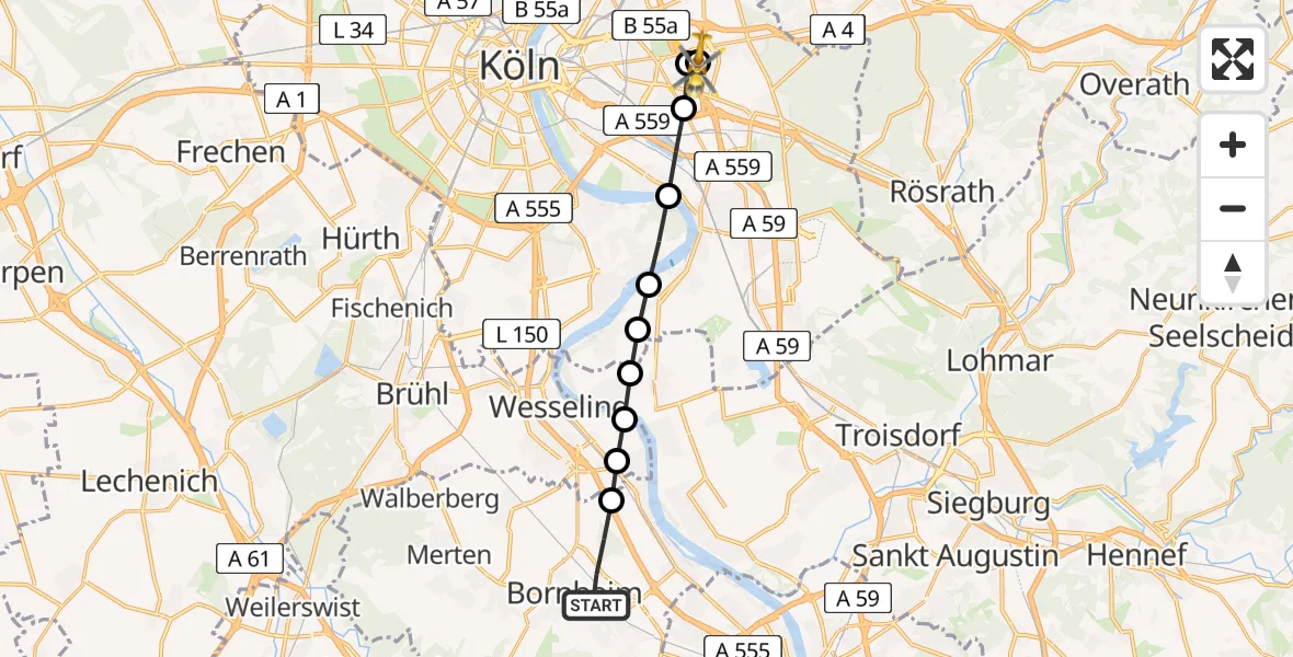 Flugroute Rettungshubschrauber Botzdorf - Merheim Hospital, 24 März 2026, 14:47