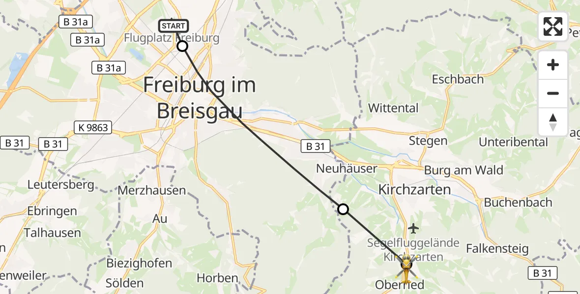 Flugroute Ambulanzhubschrauber Freiburg im Breisgau Flugplatz - Oberried, 24 März 2026, 14:52