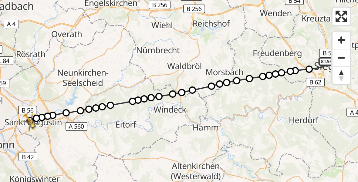 Flugroute Rettungshubschrauber Siegen - Asklepios Children's Clinic Sankt Augustin, 24 März 2026, 14:55