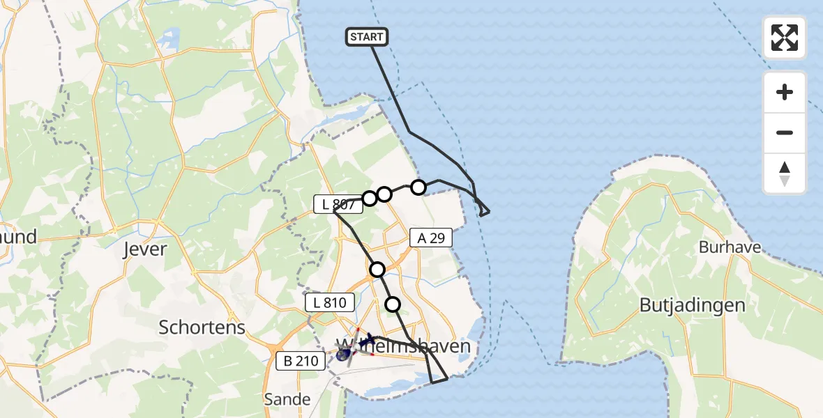 Flugroute Polizeihubschrauber Wangerland - Wilhelmshaven, 24 März 2026, 14:55