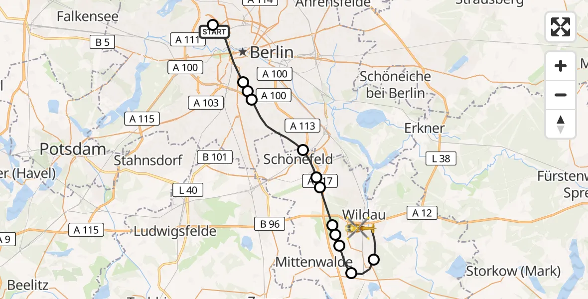 Flugroute Ambulanzhubschrauber Charité Clinic Virchow Campus - Königs Wusterhausen, 24 März 2026, 14:58