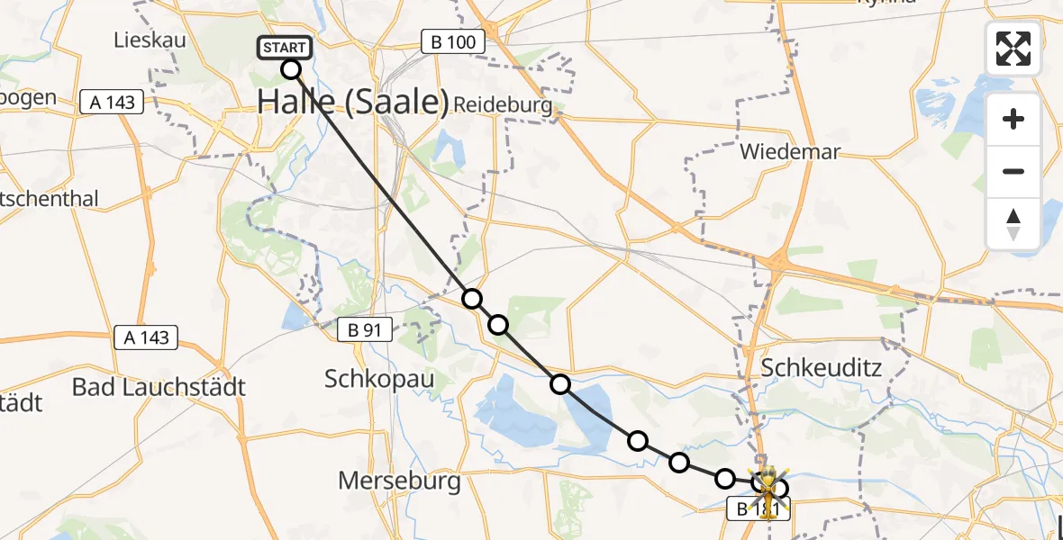 Flugroute Rettungshubschrauber Halle (Saale) University Hospital - ADAC Air Rescue Station Leipzig/Schkeuditz-Dölzig Hubschrauberlandeplatz (Christoph 61), 24 März 2026, 14:58