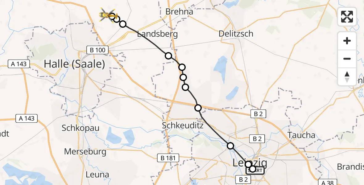 Routekaart van de vlucht: Rettungshubschrauber nach Halle-Oppin Flugplatz
