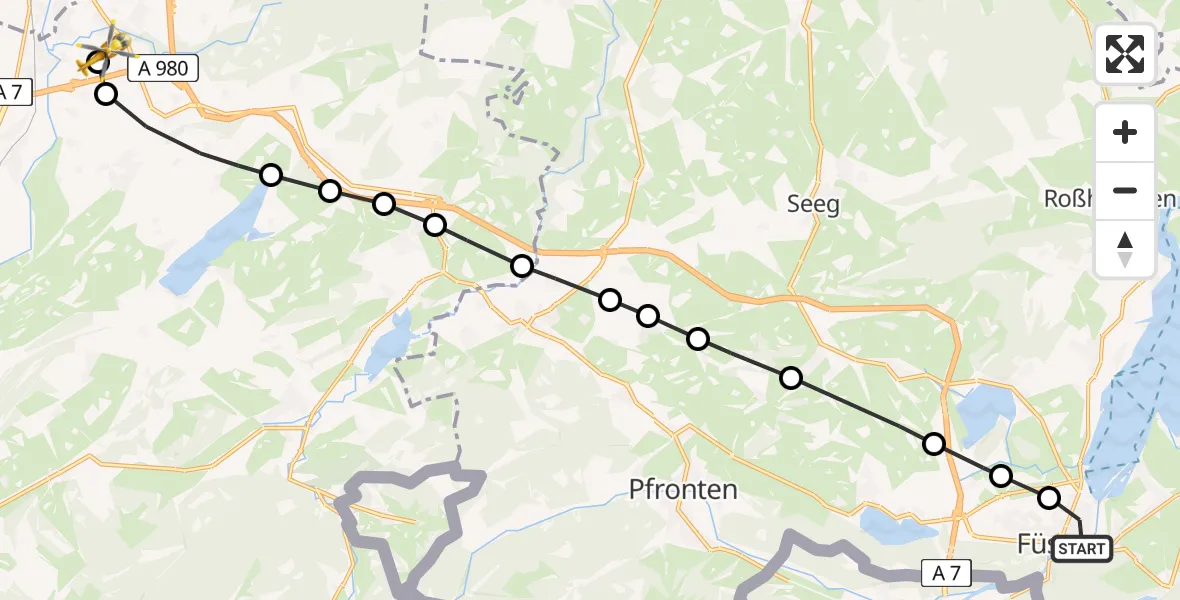 Flugroute Rettungshubschrauber Füssen - Kempten-Durach Flugplatz, 24 März 2026, 15:15
