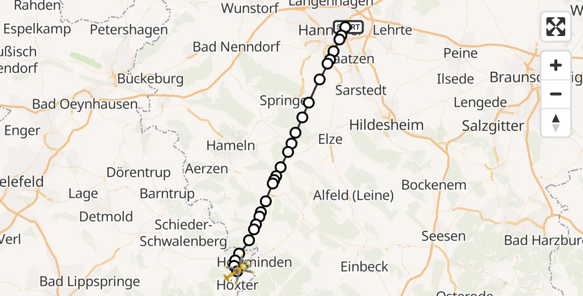 Flugroute Rettungshubschrauber Hannover Luftrettung Hubschrauberlandeplatz (Christoph 4) - Höxter-Holzminden Flugplatz, 24 März 2026, 15:16