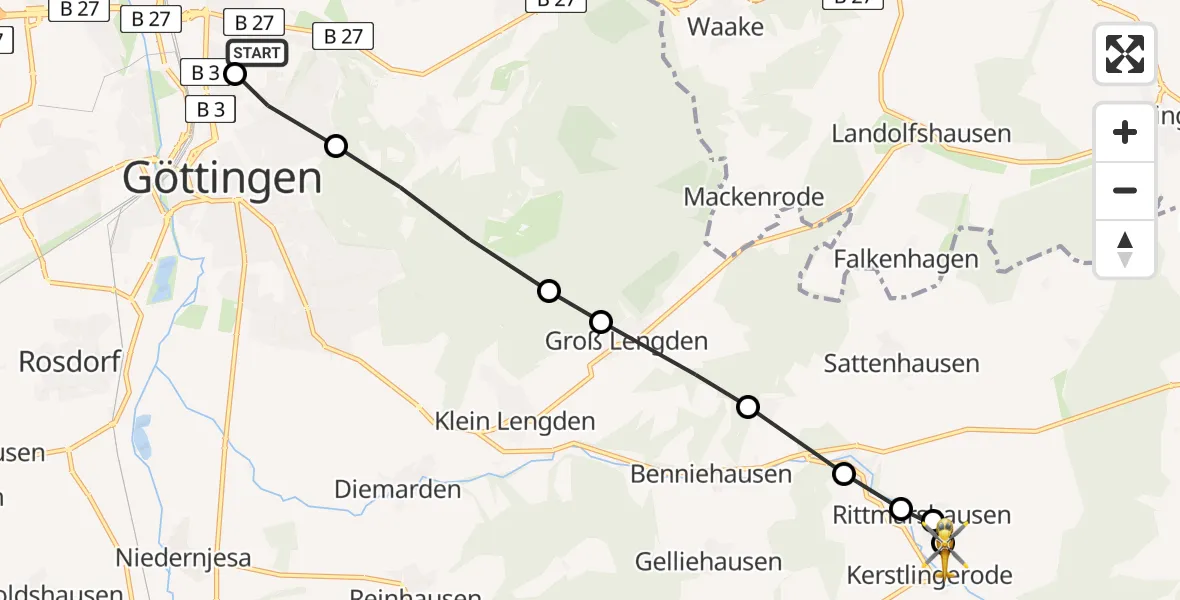 Flugroute Rettungshubschrauber Göttingen University Clinic Hubschrauberlandeplatz - Kerstlingerode, 24 März 2026, 15:21