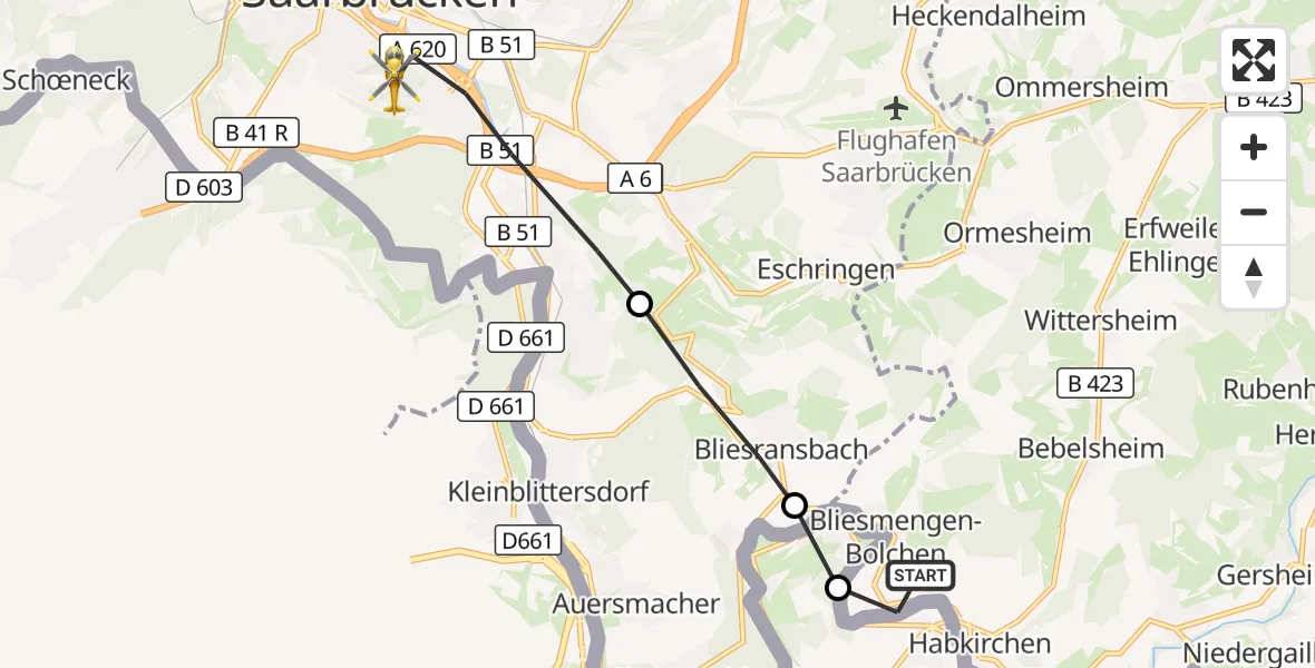 Flugroute Rettungshubschrauber Bliesmengen-Bolchen - Saarbrücken, 24 März 2026, 15:27