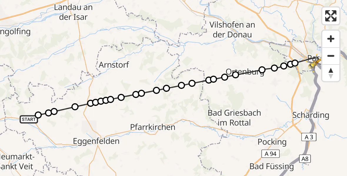 Flugroute Rettungshubschrauber Seemannshausen - Passau Klinik Hubschrauberlandeplatz, 24 März 2026, 15:35