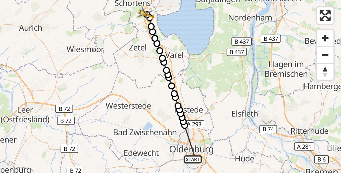 Flugroute Rettungshubschrauber Oldenburg - Sande, 24 März 2026, 15:35
