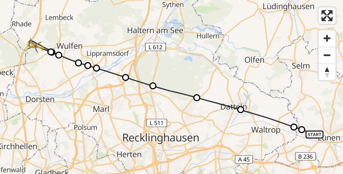 Flugroute Rettungshubschrauber Lünen-Lippeweiden Segelfluggelände - Deuten, 24 März 2026, 15:37