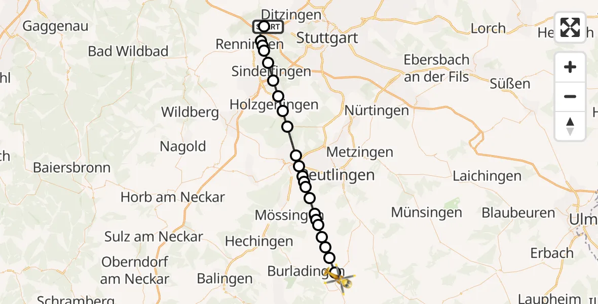 Flugroute Rettungshubschrauber Leonberg Hospital - Gammertingen, 24 März 2026, 15:47