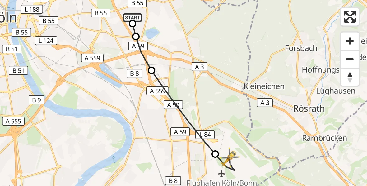 Routekaart van de vlucht: Rettungshubschrauber nach Köln Bonn Flughafen