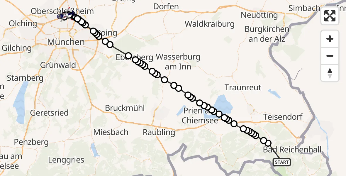 Flugroute Polizeihubschrauber Unterjettenberg - Lustheim, 24 März 2026, 15:54