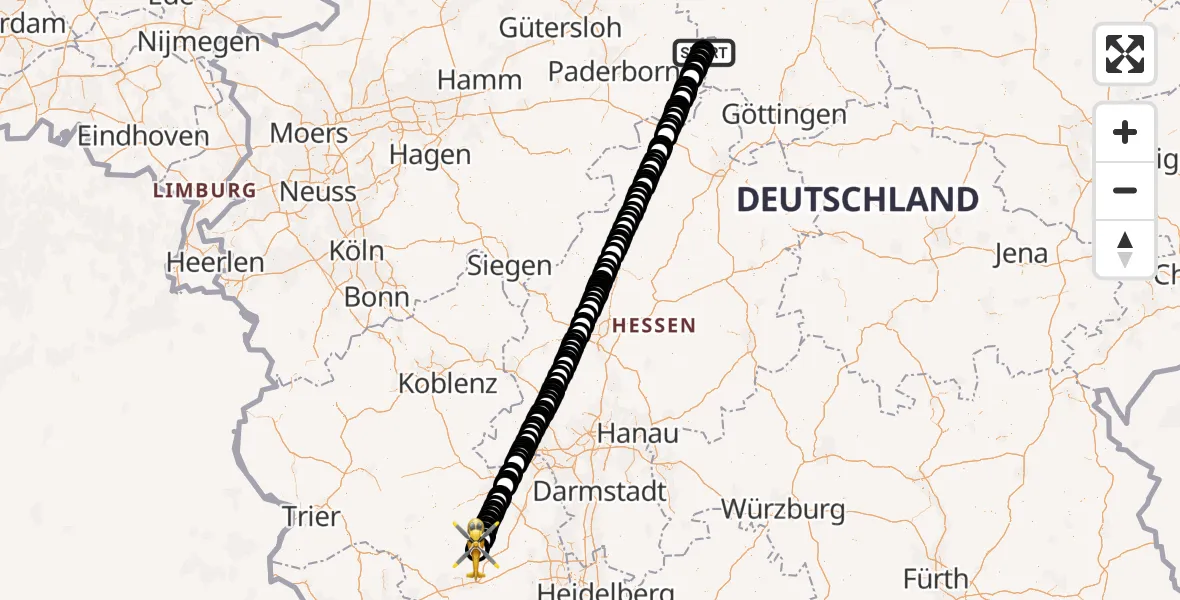 Flugroute Rettungshubschrauber Höxter-Holzminden Flugplatz - Imsweiler UL, 24 März 2026, 15:55