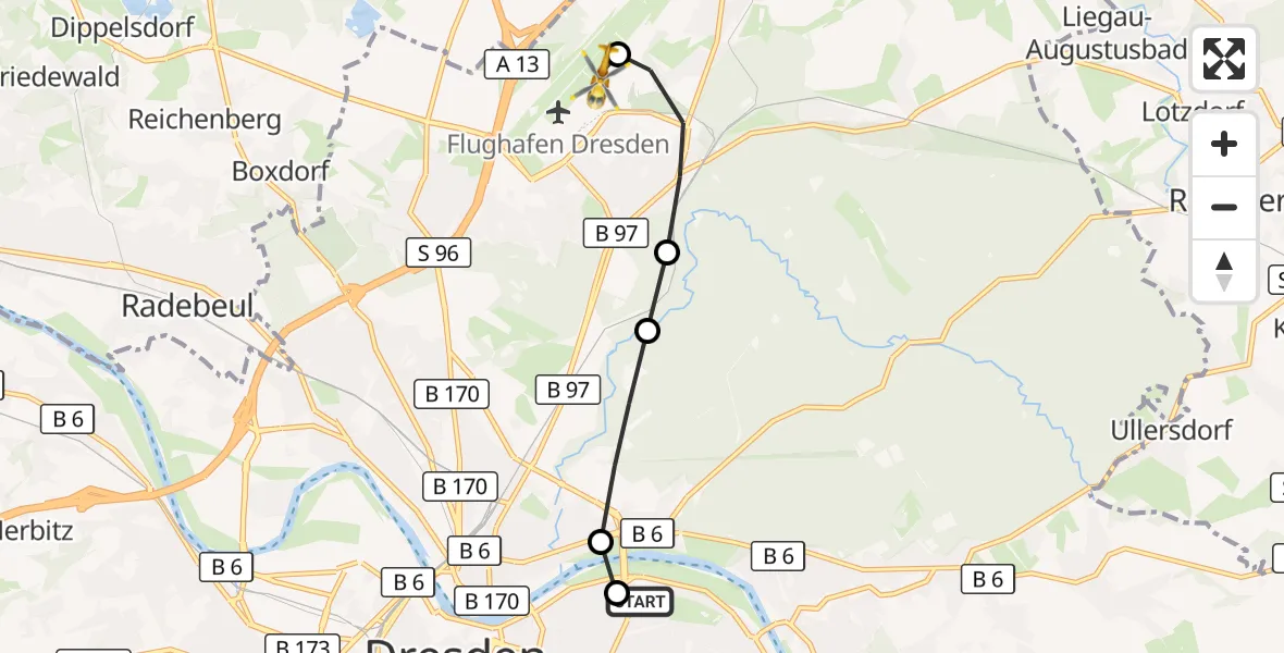Flugroute Rettungshubschrauber Dresden University Hospital - Dresden Bundespolizei Hubschrauberlandeplatz, 24 März 2026, 15:58