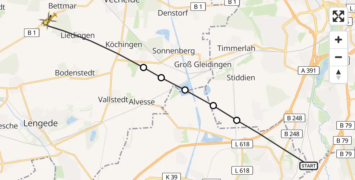 Flugroute Rettungshubschrauber Ortschaft SZ-Nord-Ost - Vechelde, 24 März 2026, 16:03