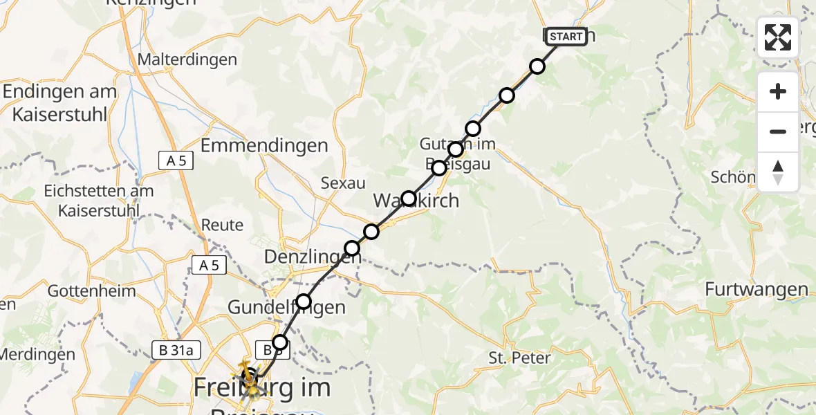 Routekaart van de vlucht: Rettungshubschrauber nach Freiburg University Hospital Heliport 2