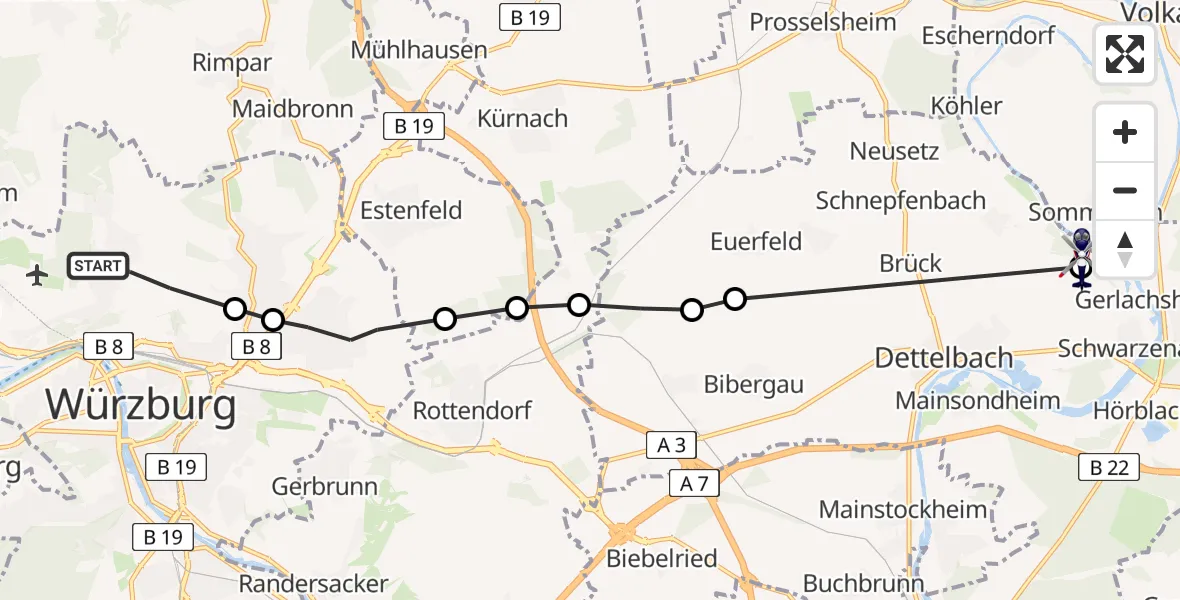 Routekaart van de vlucht: Polizeihubschrauber nach Schwarzach am Main, Rossweg