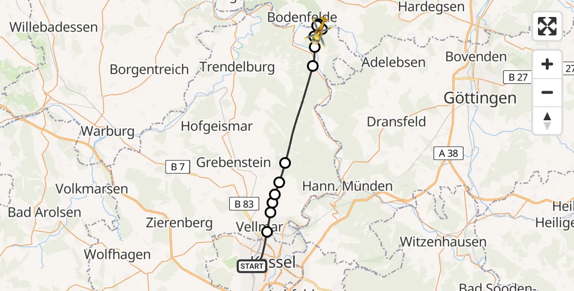 Flugroute Rettungshubschrauber Kassel - Lippoldsberg, 24 März 2026, 16:16