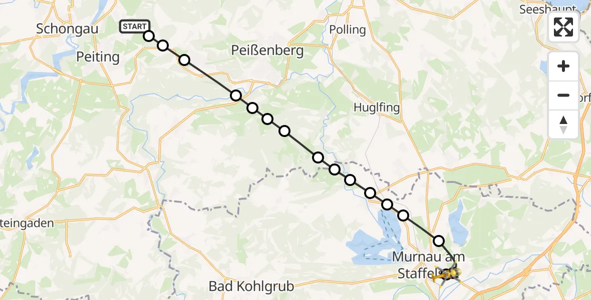 Flugroute Rettungshubschrauber Herzogsägmühle - Murnau Accident Hospital, 24 März 2026, 16:17
