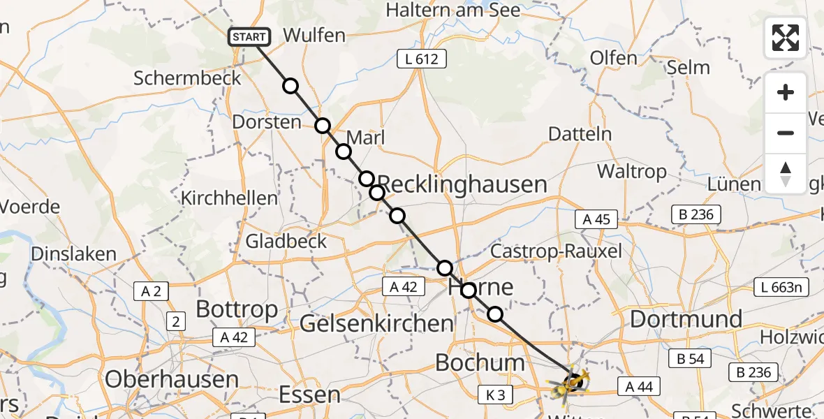 Flugroute Rettungshubschrauber Deuten - Bochum University Miners' Hospital, 24 März 2026, 16:22