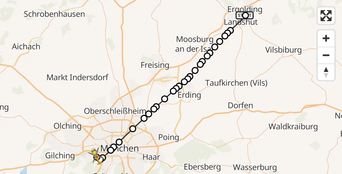 Flugroute Rettungshubschrauber Ergolding - DRF Air Rescue München Hubschrauberlandeplatz, 24 März 2026, 16:23