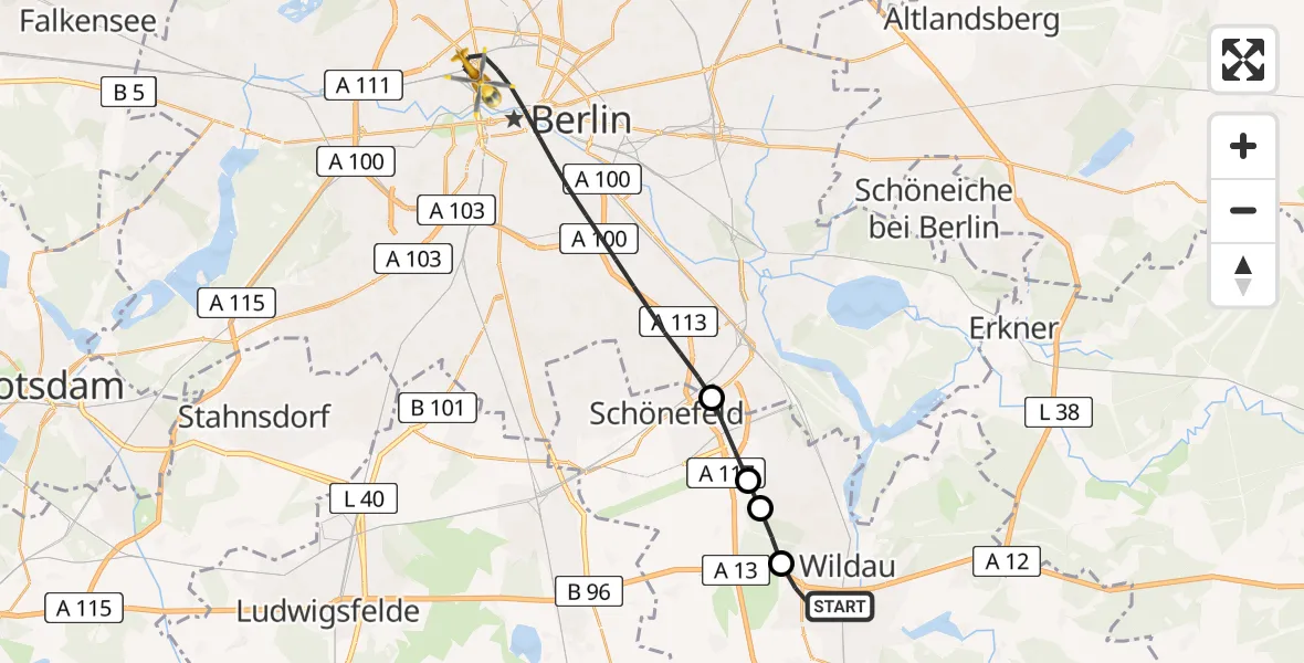 Flugroute Ambulanzhubschrauber Königs Wusterhausen - Berlin, 24 März 2026, 16:23