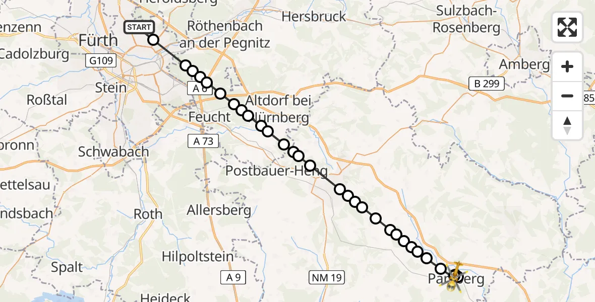 Flugroute Rettungshubschrauber Flughafen Nuremberg - Parsberg, 24 März 2026, 16:29