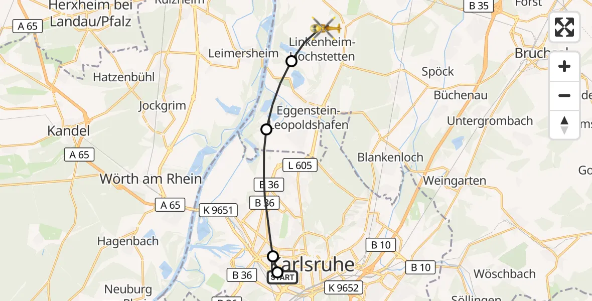 Flugroute Rettungshubschrauber Sankt Vincentius Hospital - Linkenheim-Hochstetten, 24 März 2026, 16:38