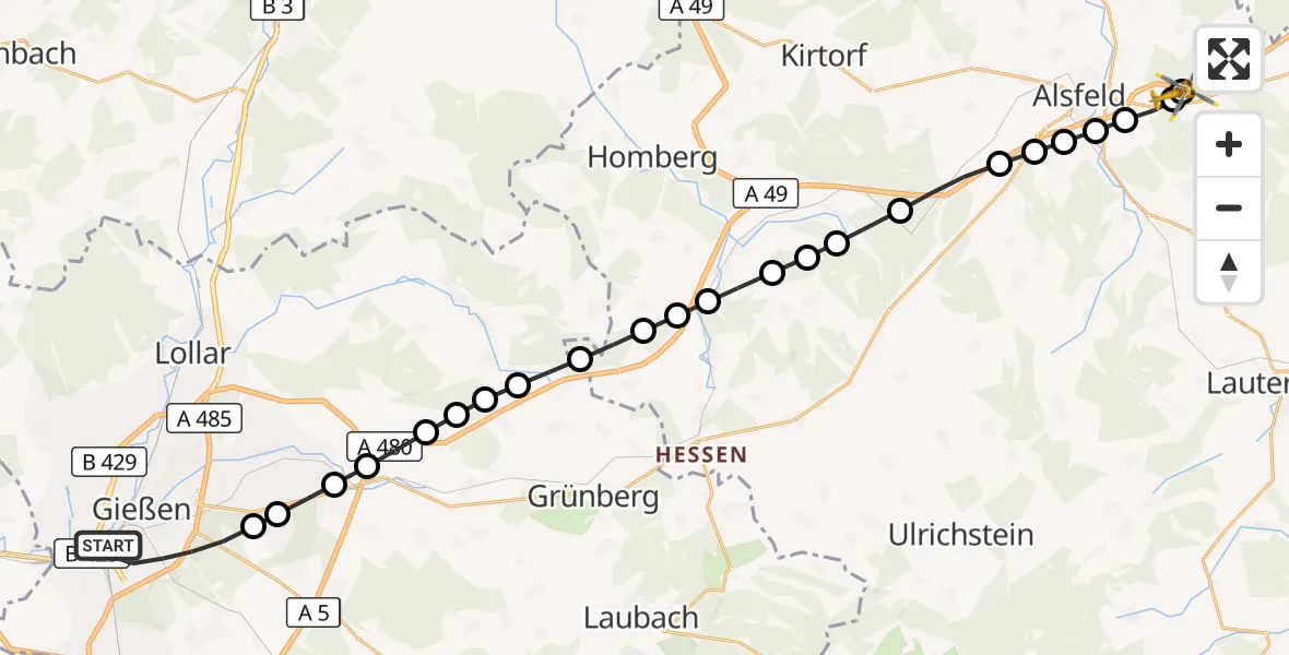 Flugroute Rettungshubschrauber Gießen - Elbenrod, 24 März 2026, 16:39
