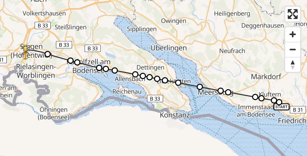 Routekaart van de vlucht: Rettungshubschrauber nach Singen (Hohentwiel), Virchowstraße