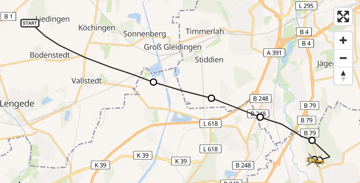 Flugroute Rettungshubschrauber Vechelde - Wolfenbüttel Municipal Hospital Heliport (Christoph 30), 24 März 2026, 16:44