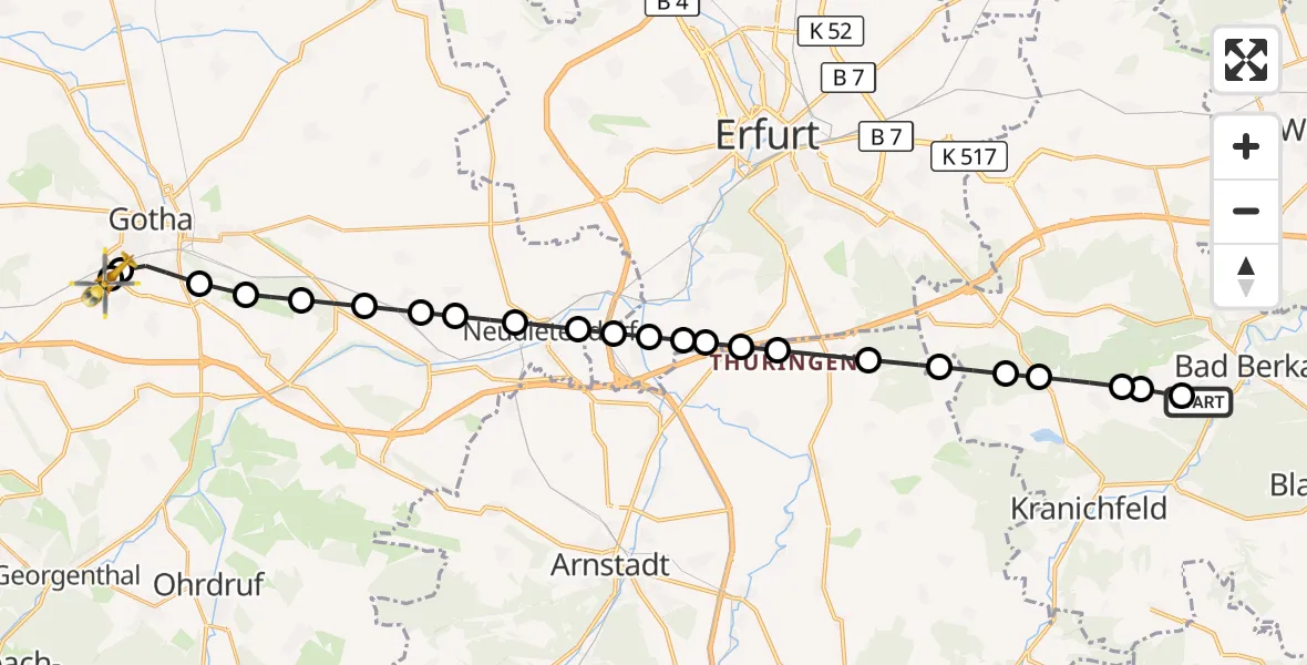 Flugroute Ambulanzhubschrauber DRF Rettungsstation Bad Berka Hubschrauberlandeplatz - Helios Clinic Gotha, 24 März 2026, 16:46