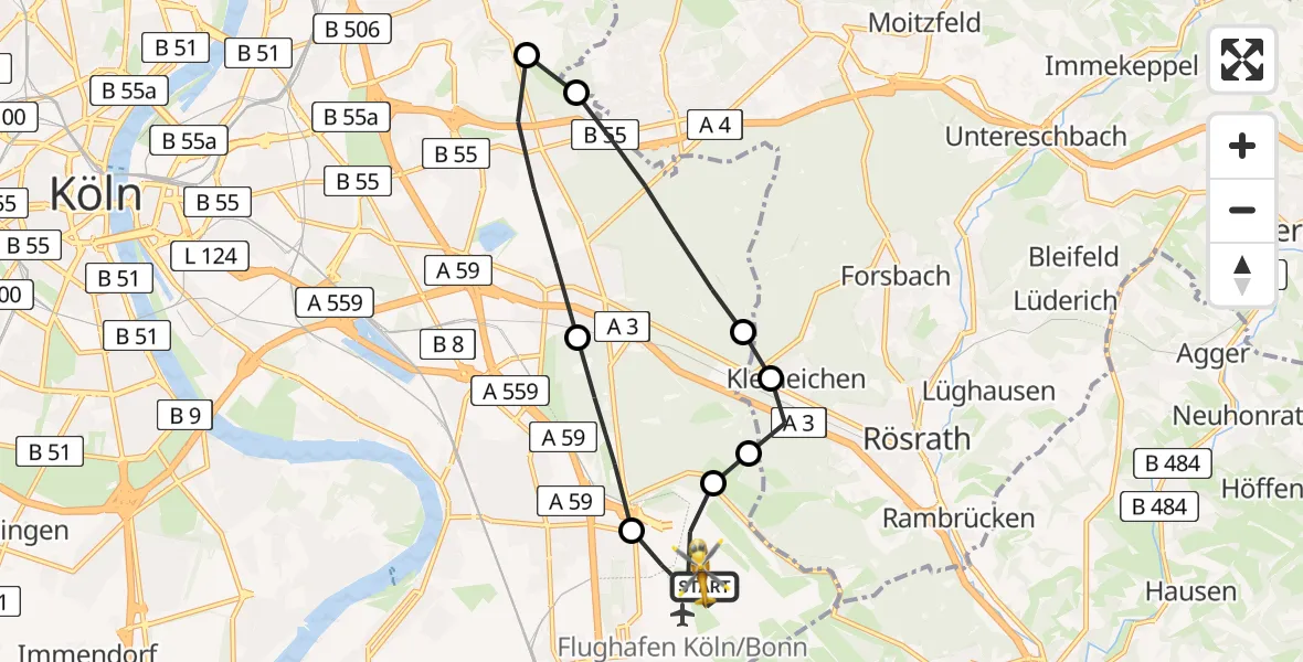 Flugroute Rettungshubschrauber Köln Bonn Flughafen - Köln Bonn Flughafen, 24 März 2026, 16:48