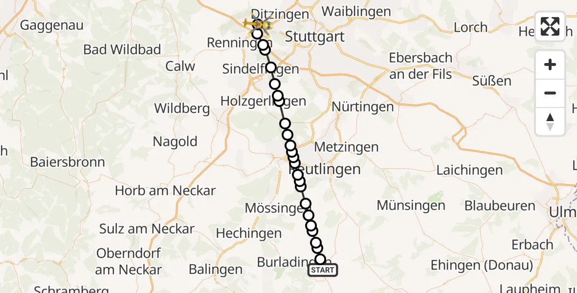 Flugroute Rettungshubschrauber Gammertingen - Leonberg Hospital Hubschrauberlandeplatz, 24 März 2026, 16:50