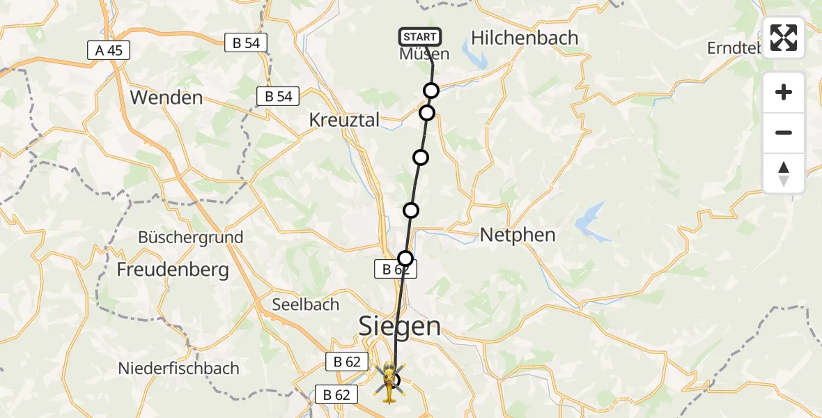 Flugroute Rettungshubschrauber Müsen - Evangelisches Jung-Stilling Hospital, 24 März 2026, 16:51