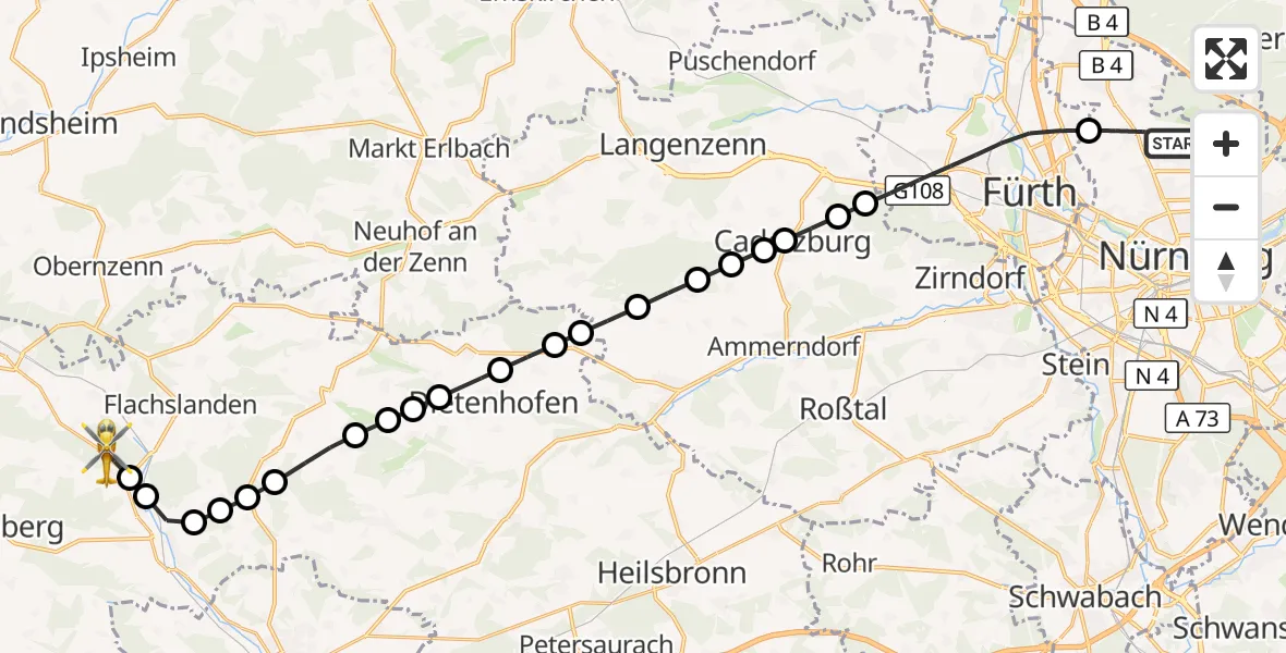Flugroute Ambulanzhubschrauber Flughafen Nuremberg - Gräfenbuch, 24 März 2026, 16:54