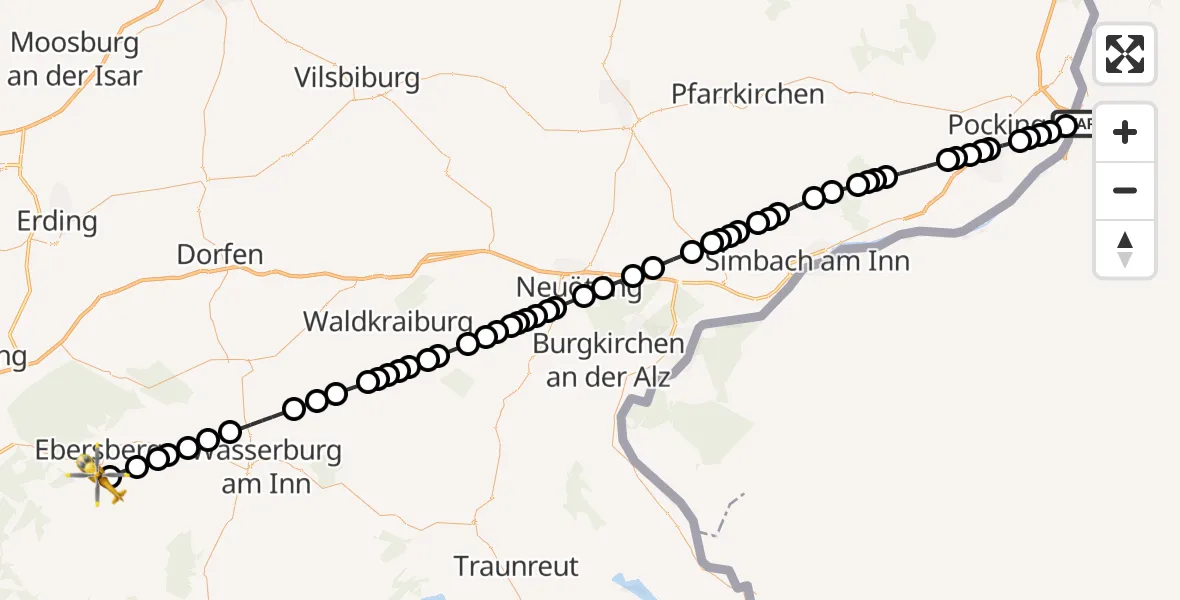 Flugroute Rettungshubschrauber Suben - Grafing bei München, 24 März 2026, 17:01