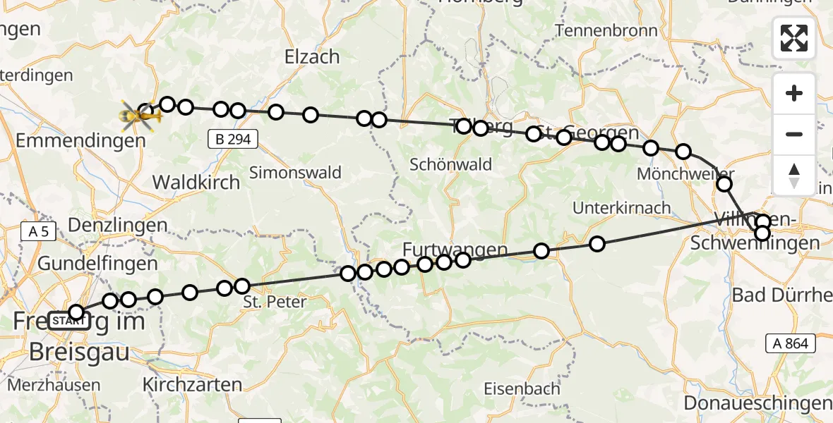 Routekaart van de vlucht: Rettungshubschrauber nach Sexau, Seilerhöfe