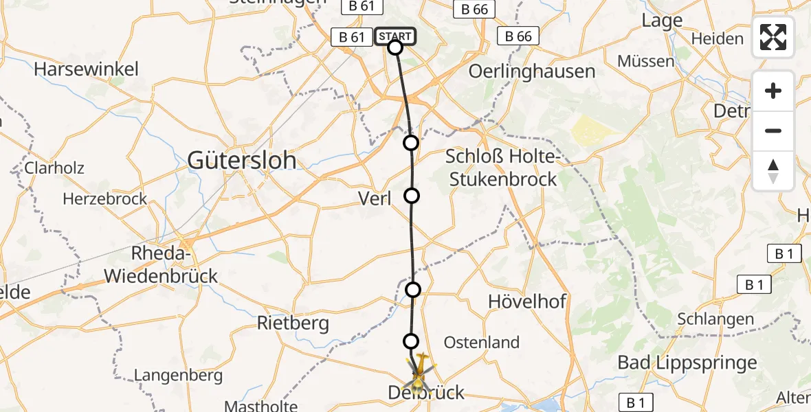 Flugroute Rettungshubschrauber Luftrettungszentrum Bielefeld - Delbrück, 24 März 2026, 17:02