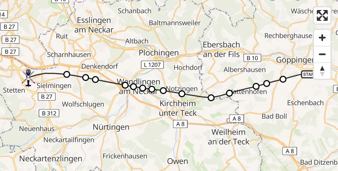 Routekaart van de vlucht: Polizeihubschrauber nach Flughafen Stuttgart