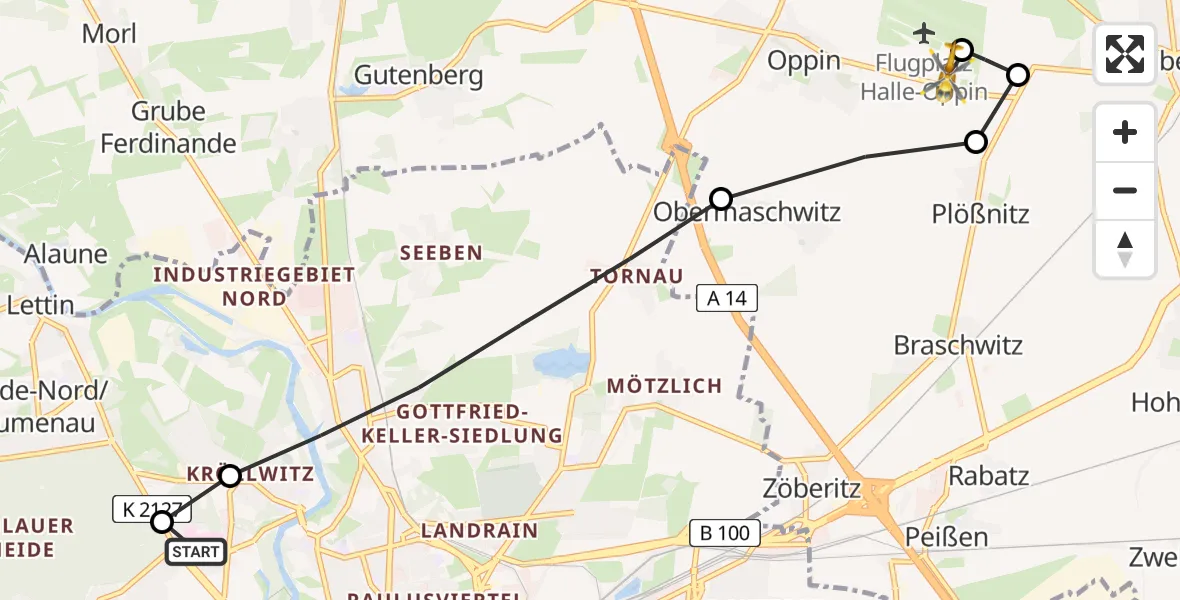 Flugroute Rettungshubschrauber Halle (Saale) University Hospital - Halle-Oppin Flugplatz, 24 März 2026, 17:05