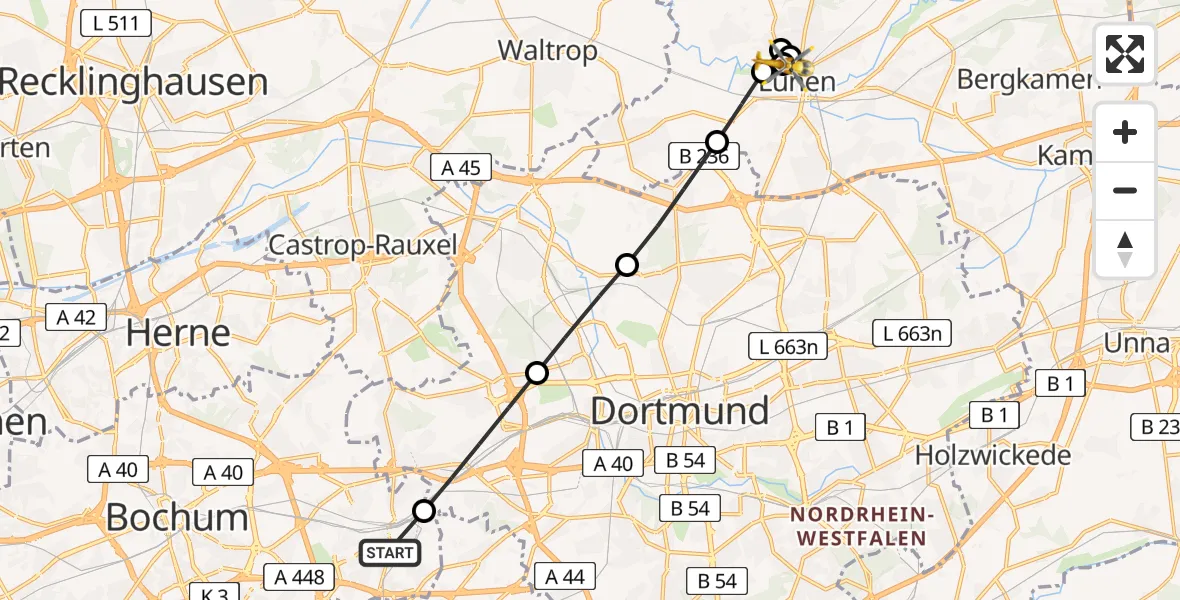 Flugroute Rettungshubschrauber Bochum - Sankt Marien Hospital, 24 März 2026, 17:06