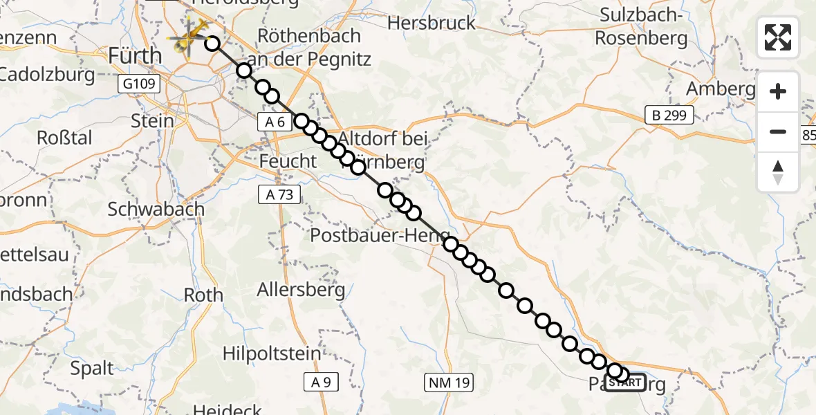 Flugroute Rettungshubschrauber Parsberg - Flughafen Nuremberg, 24 März 2026, 17:07