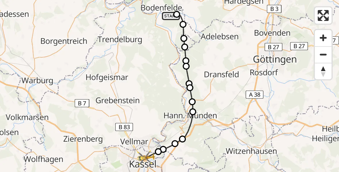 Flugroute Rettungshubschrauber Lippoldsberg - Kassel, 24 März 2026, 17:09