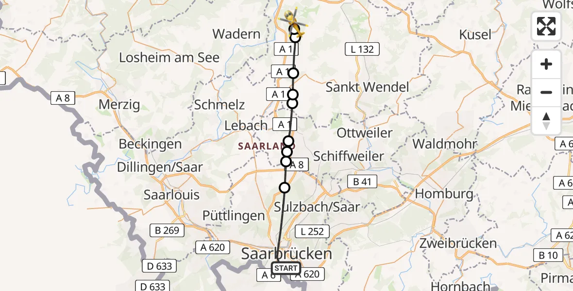 Flugroute Rettungshubschrauber Saarbrücken - Nohfelden, 24 März 2026, 17:12