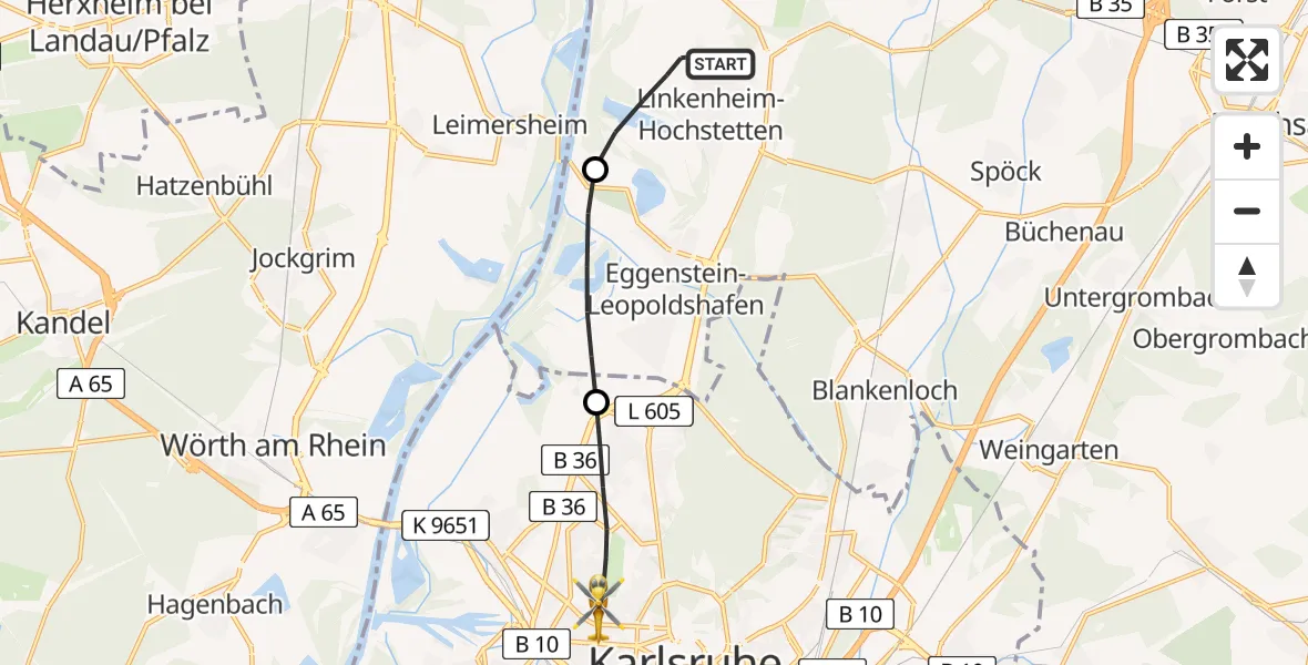 Routekaart van de vlucht: Rettungshubschrauber nach Karlsruhe, Franz-Lust-Straße